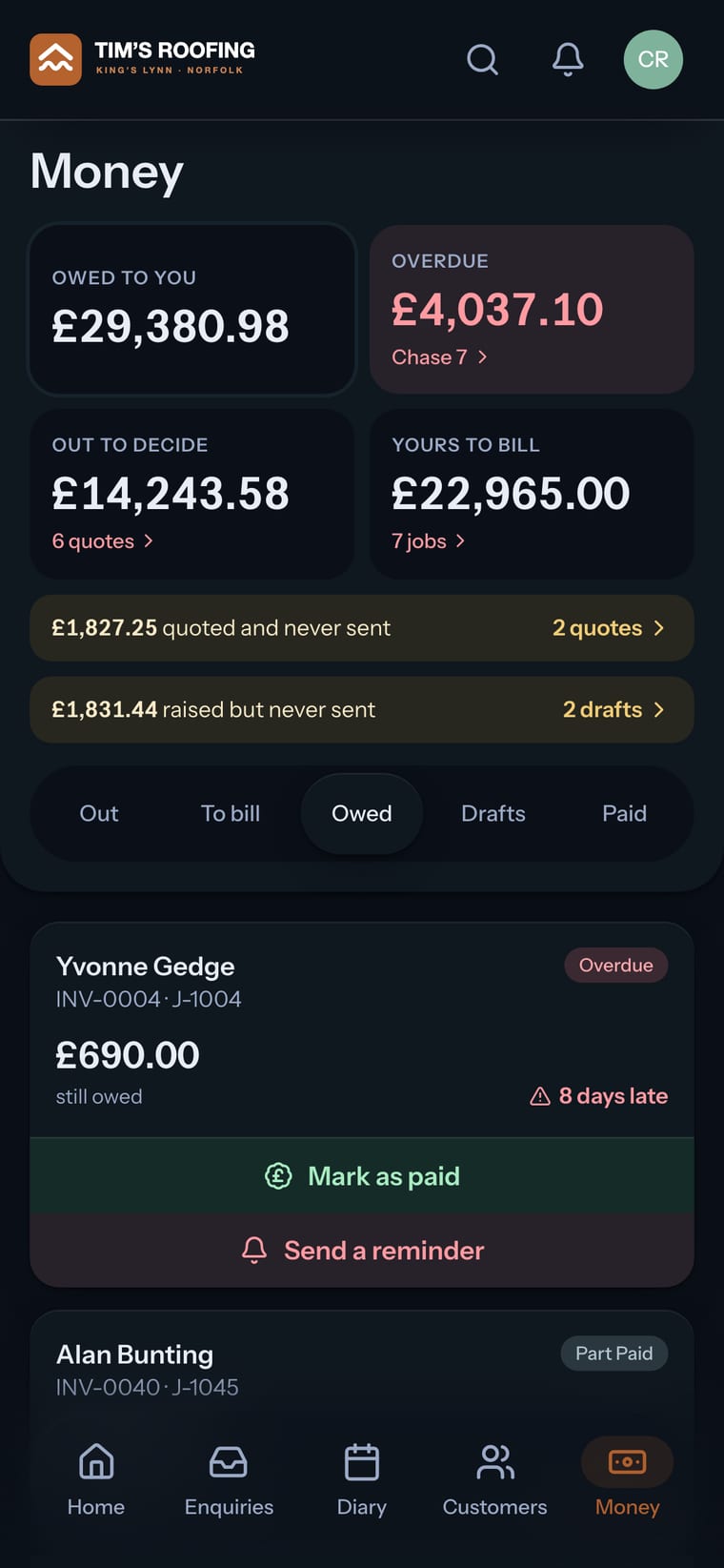 Invoices and balances in the Tim’s Roofing demo app