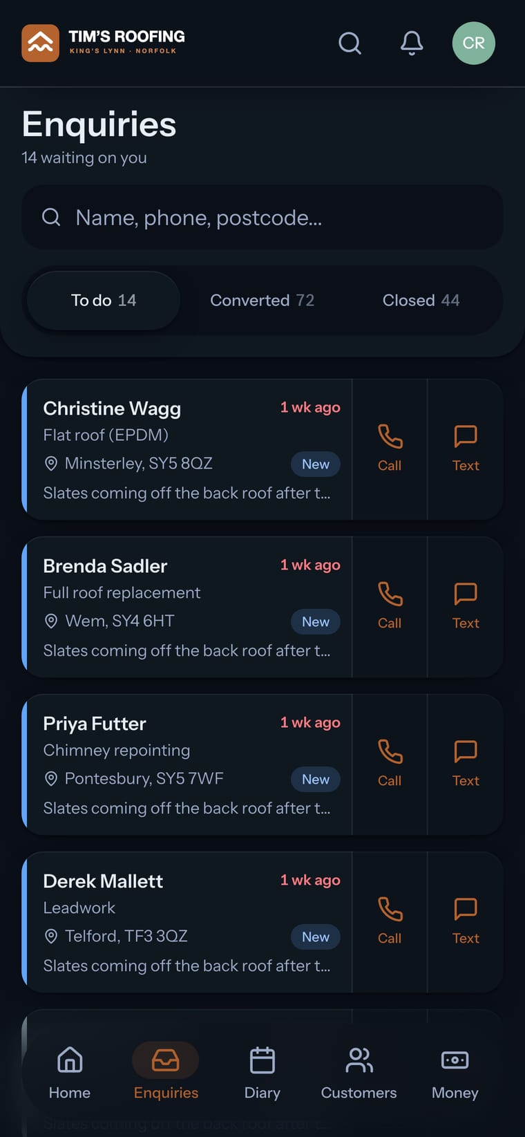 Tim’s Roofing demo app with customer enquiries and their status