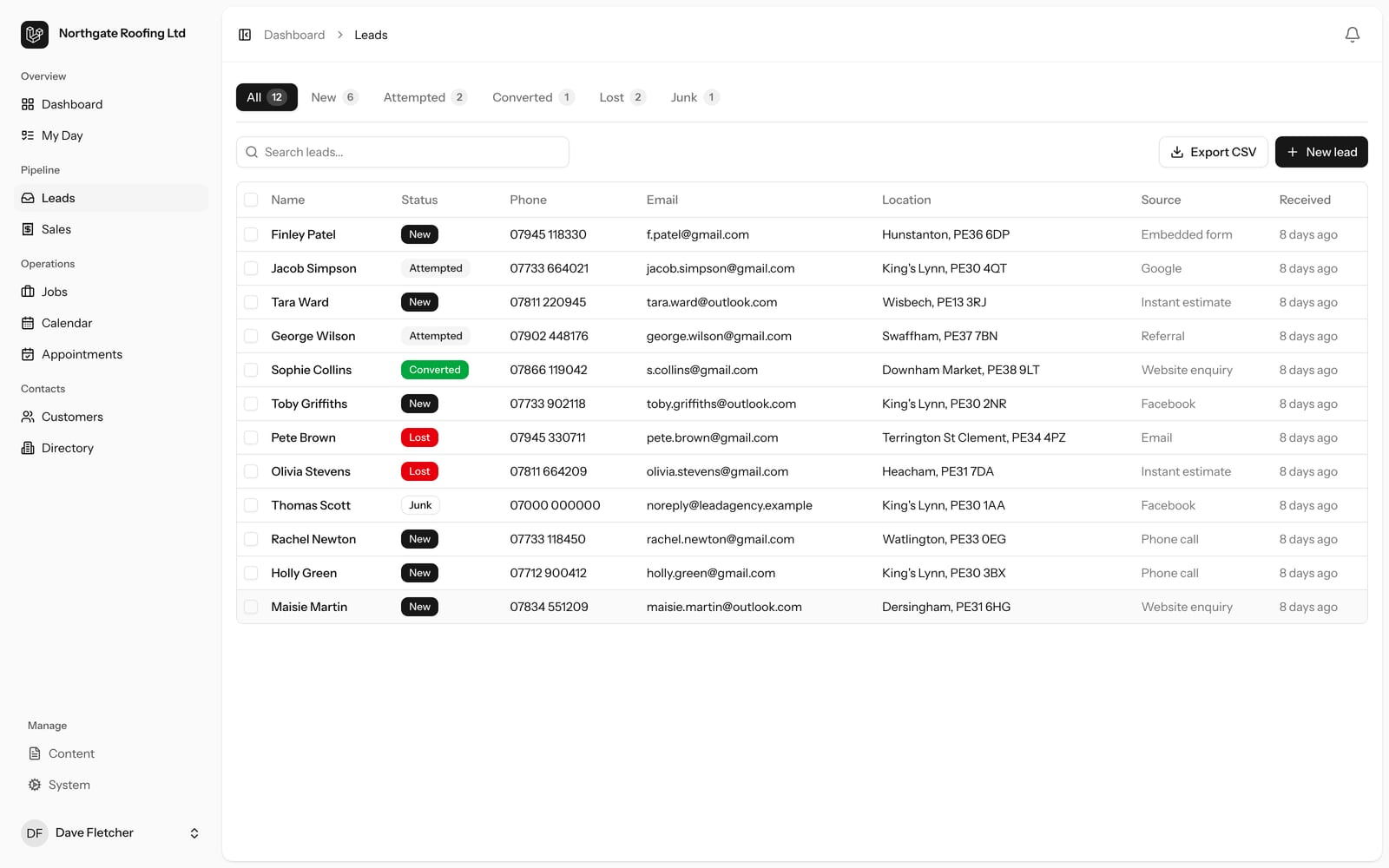 The enquiries screen: every lead in one list, each showing where it came from